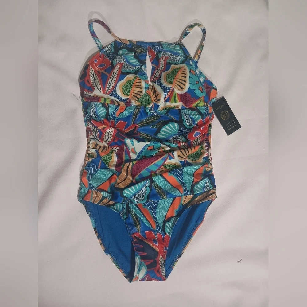 Kathy Ireland Blue and Red Tropical Swim Shorts